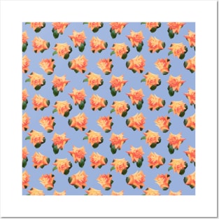 Orange Watercolor Roses on Blue Posters and Art